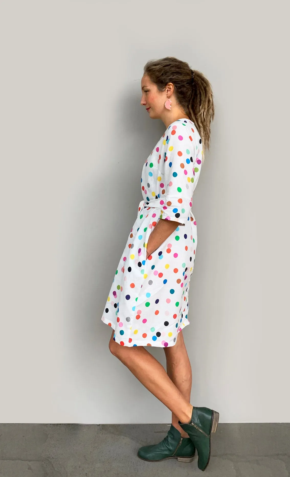 Confetti 100% linen dress with tie (white)