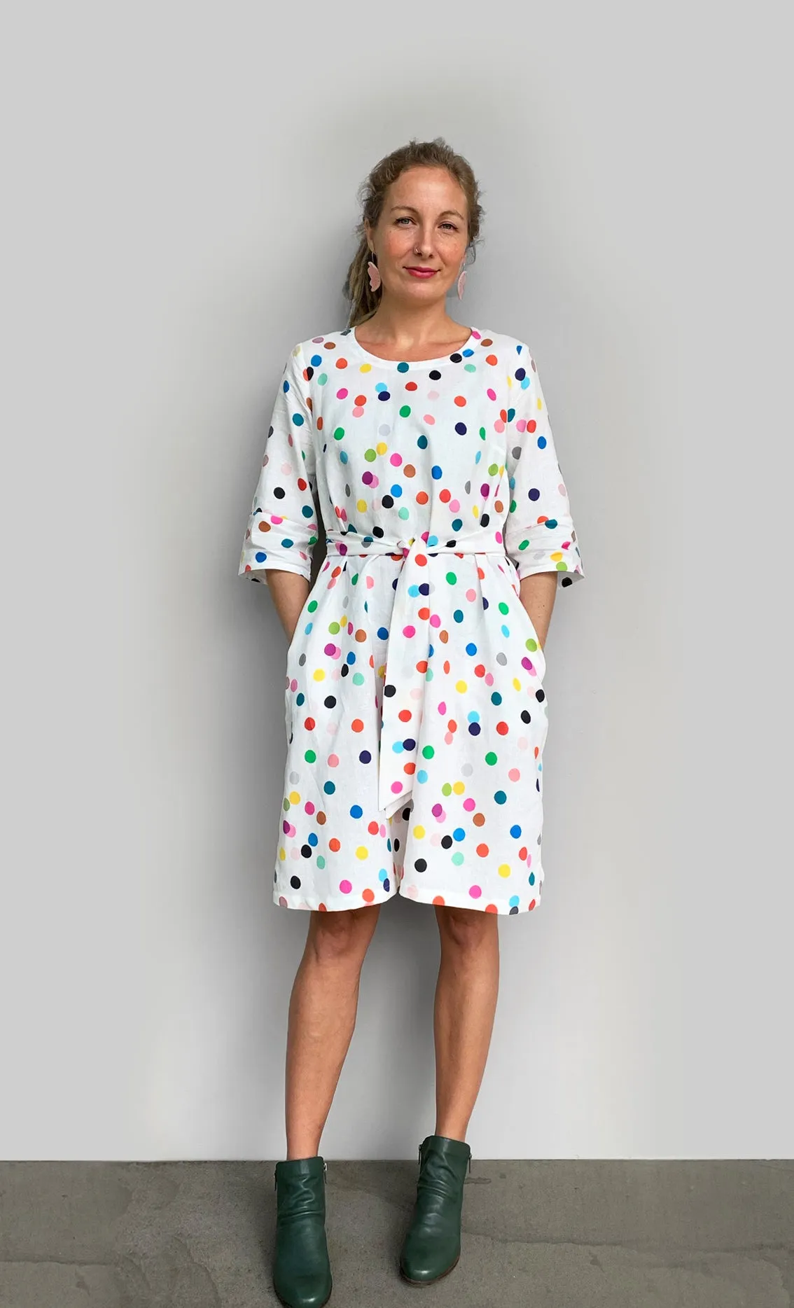 Confetti 100% linen dress with tie (white)