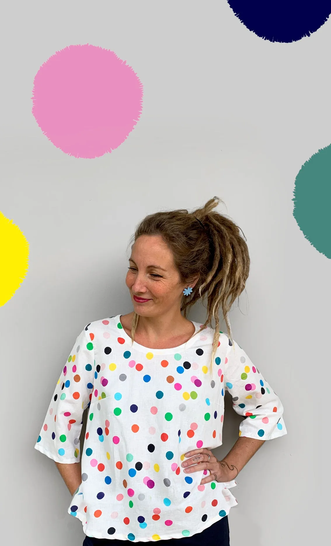 Confetti linen 3 quarter sleeves top (white)