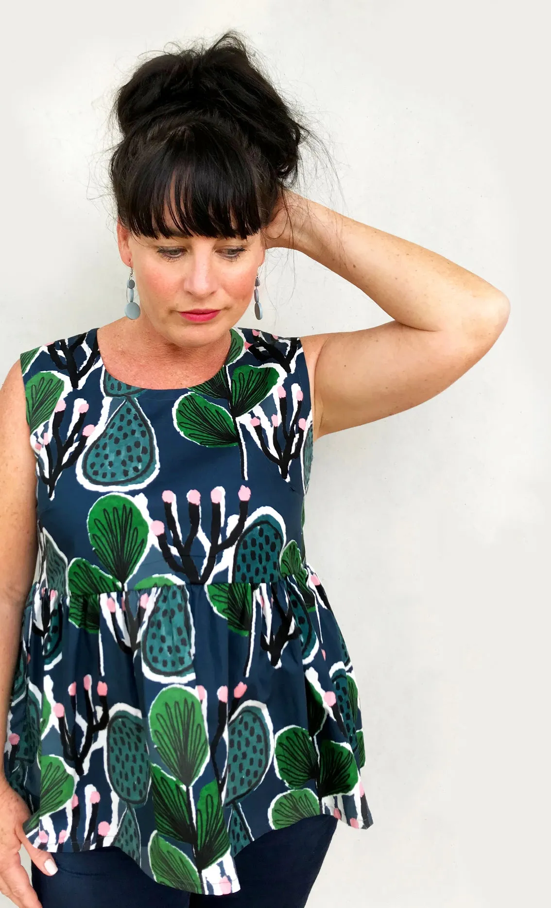 Coral Cacti Pleated Top (cotton)3 Quarter sleeves