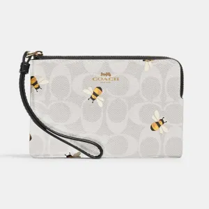 Corner Zip Wristlet In Signature Canvas With Bee Print