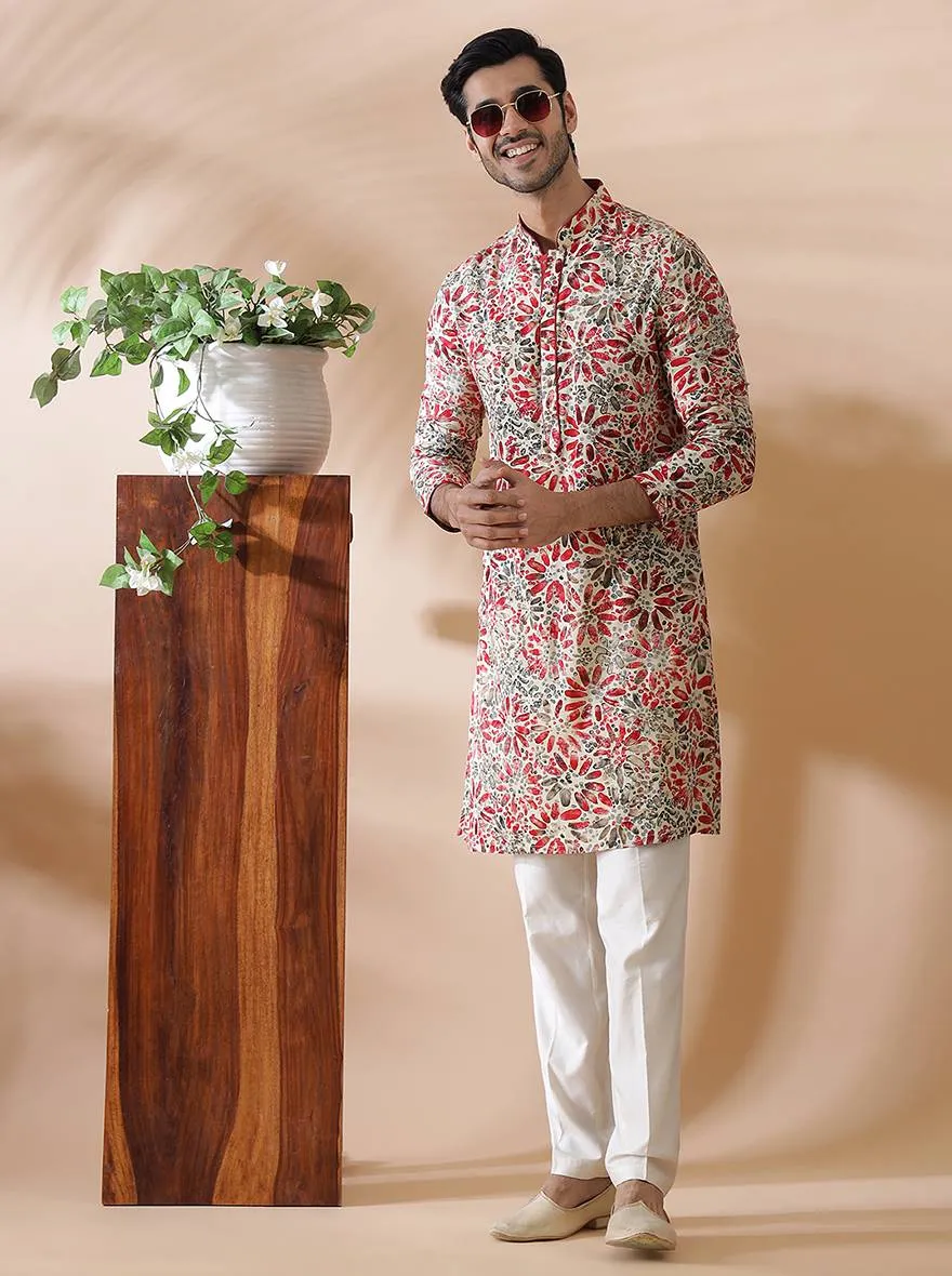 Cream Maroon Printed Kurta | The Kurta Company