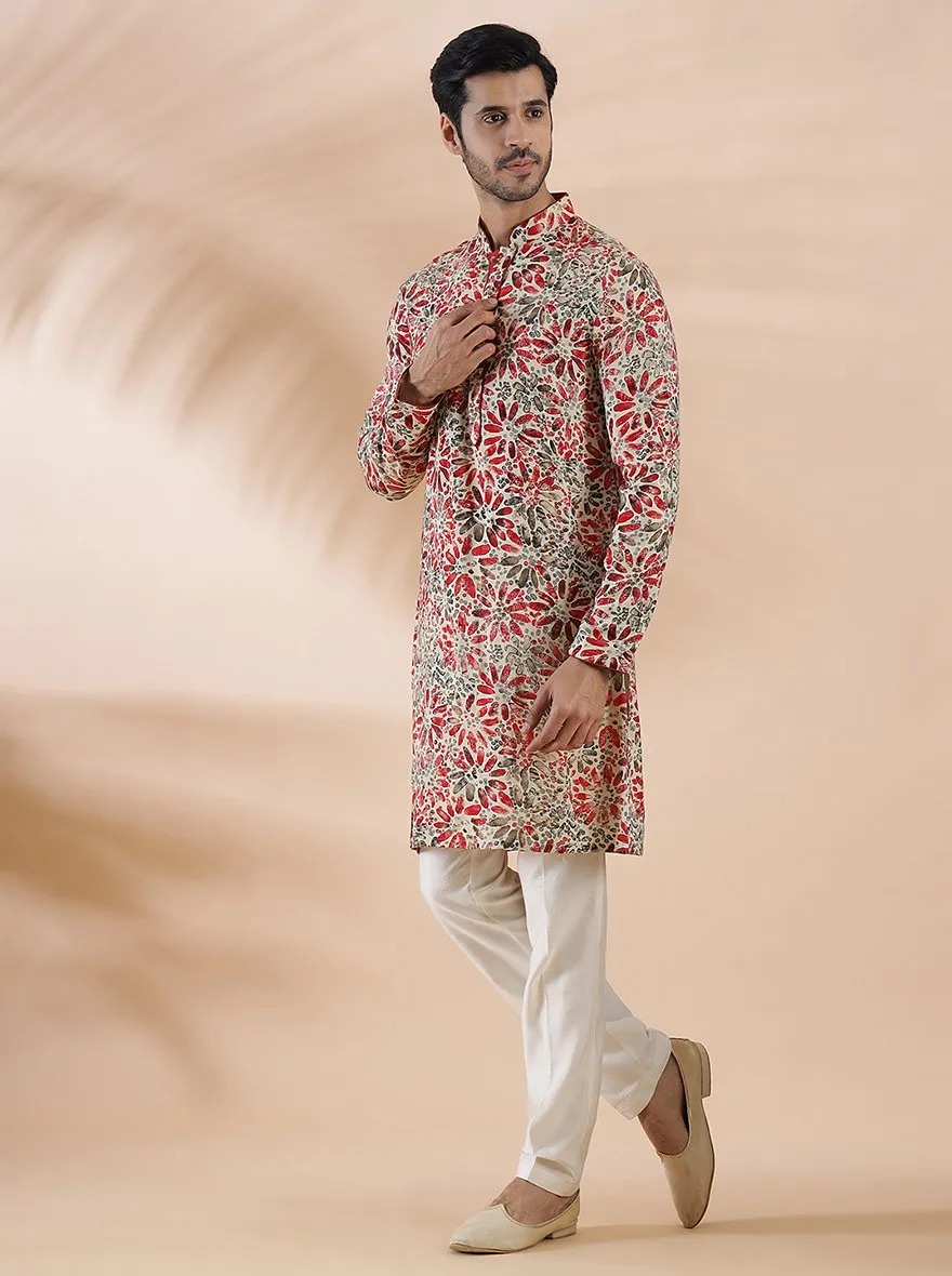 Cream Maroon Printed Kurta | The Kurta Company