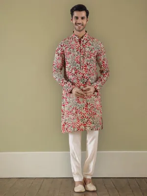 Cream Maroon Printed Kurta | The Kurta Company