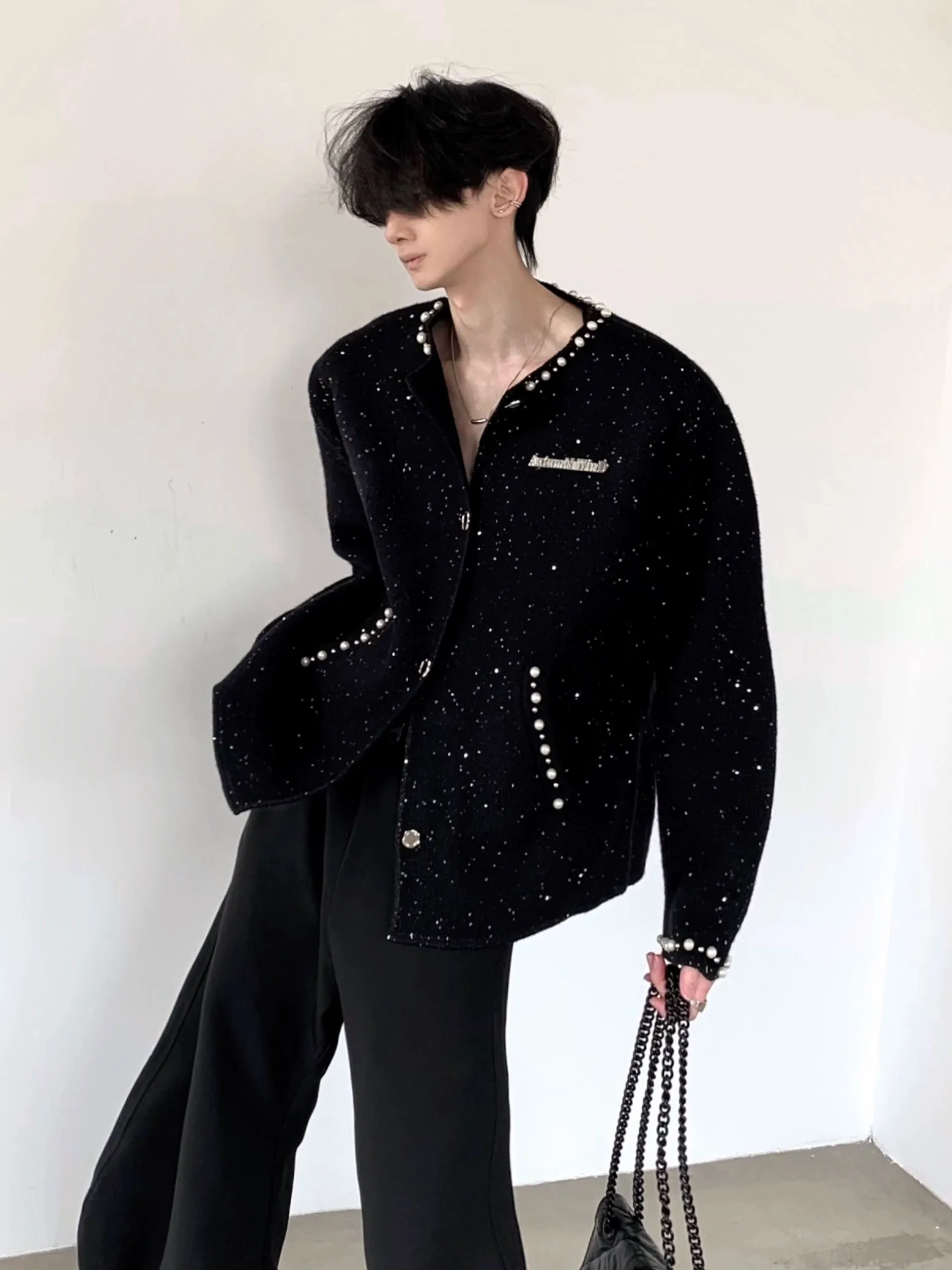 Crew Neck Pearl Trim Cardigan