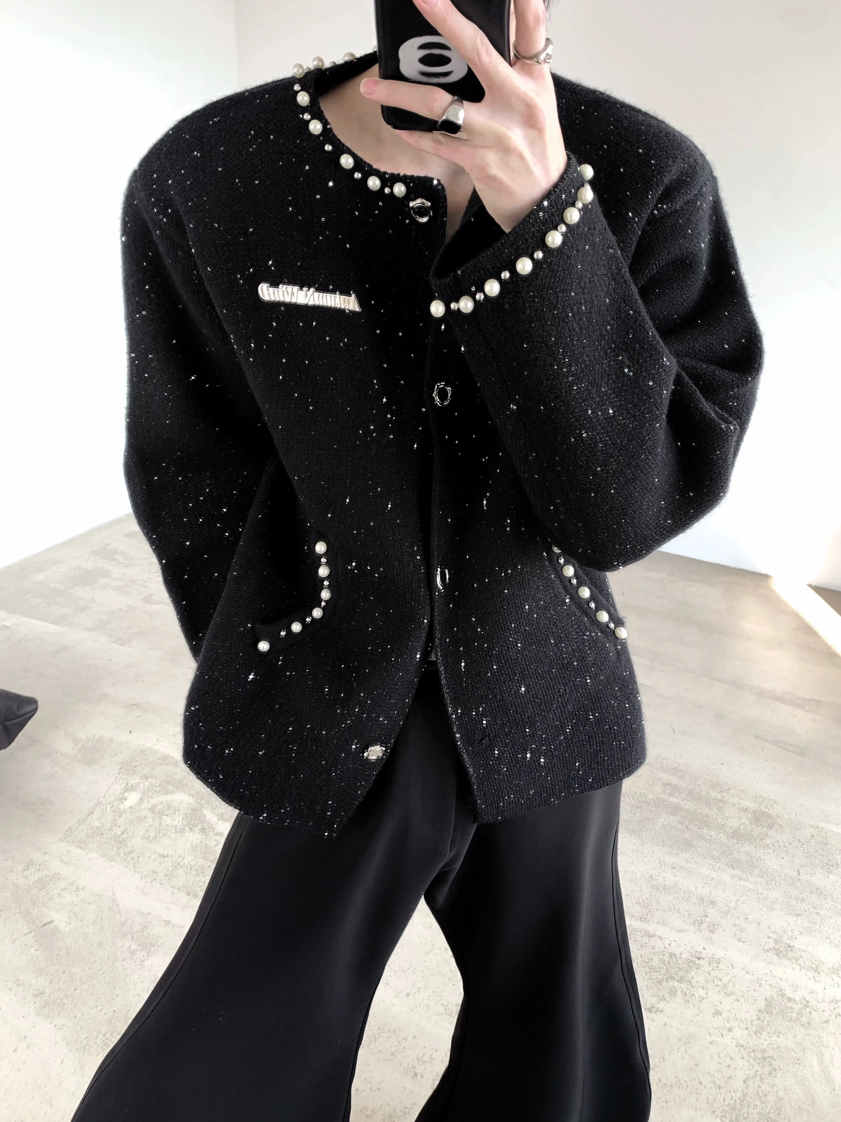 Crew Neck Pearl Trim Cardigan