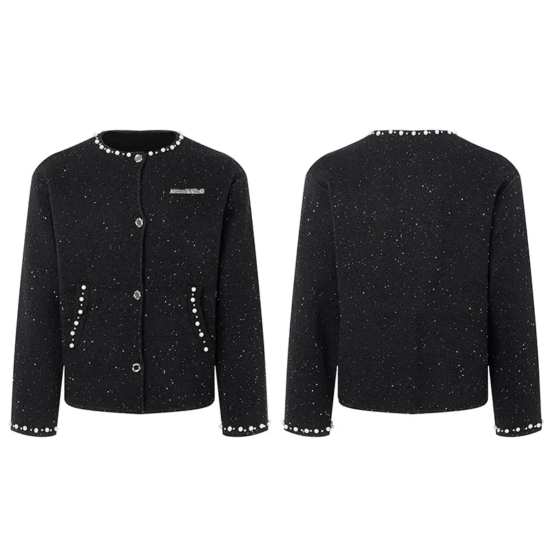Crew Neck Pearl Trim Cardigan