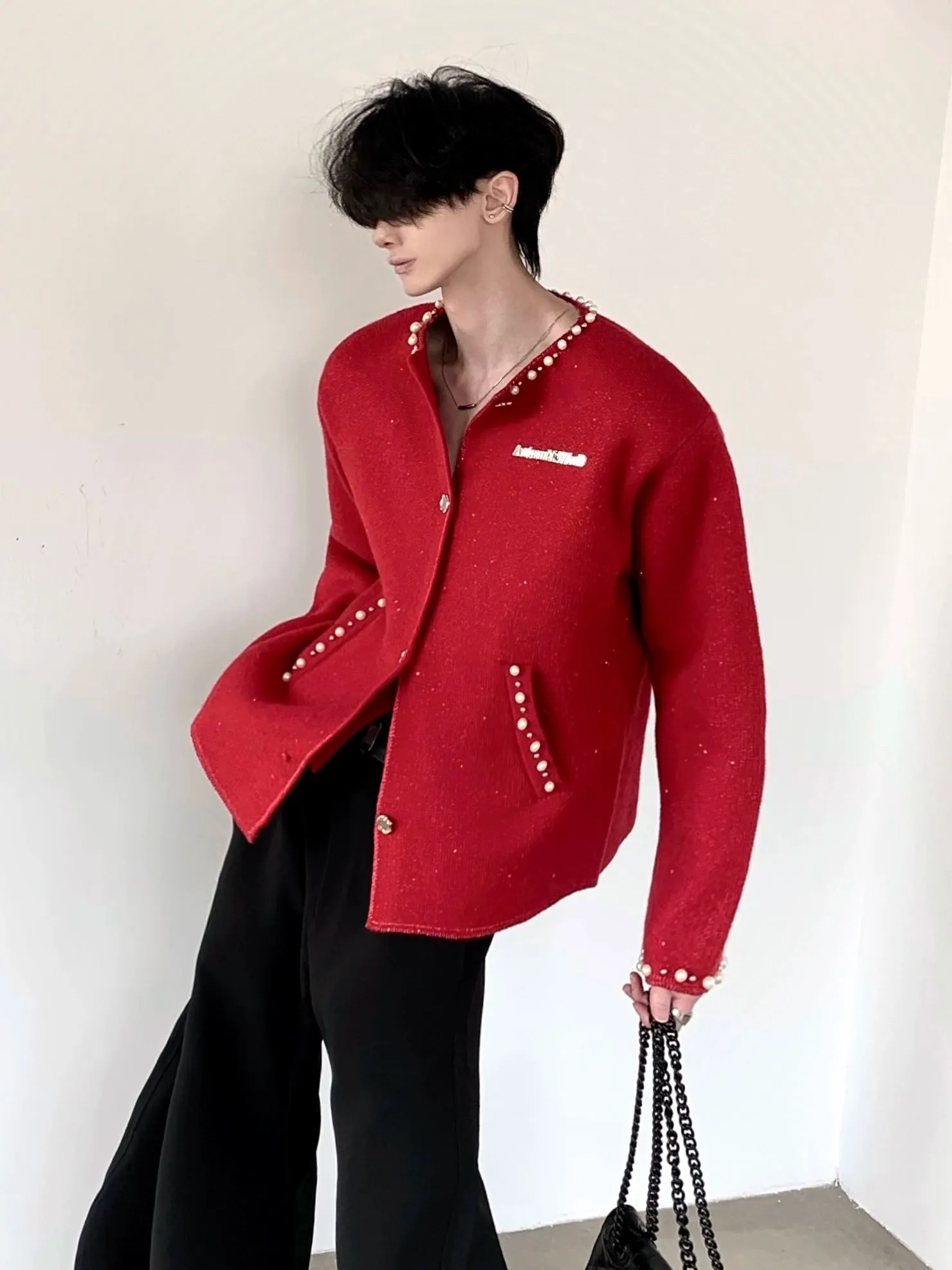 Crew Neck Pearl Trim Cardigan