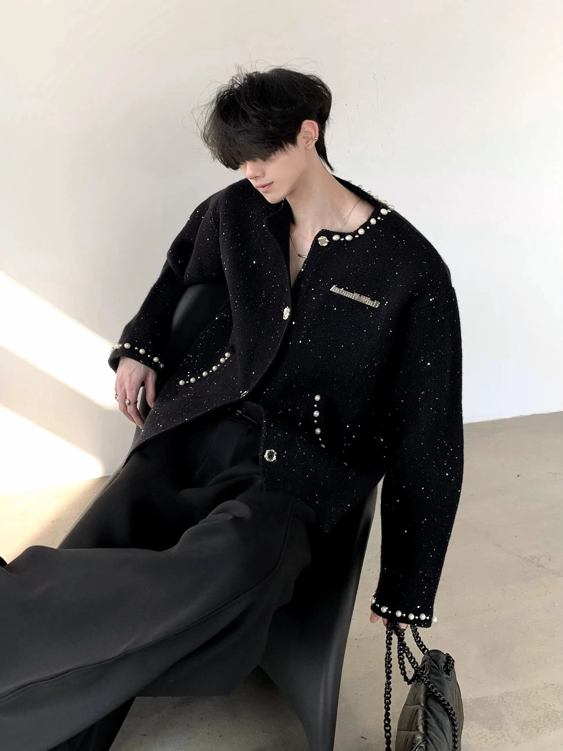 Crew Neck Pearl Trim Cardigan