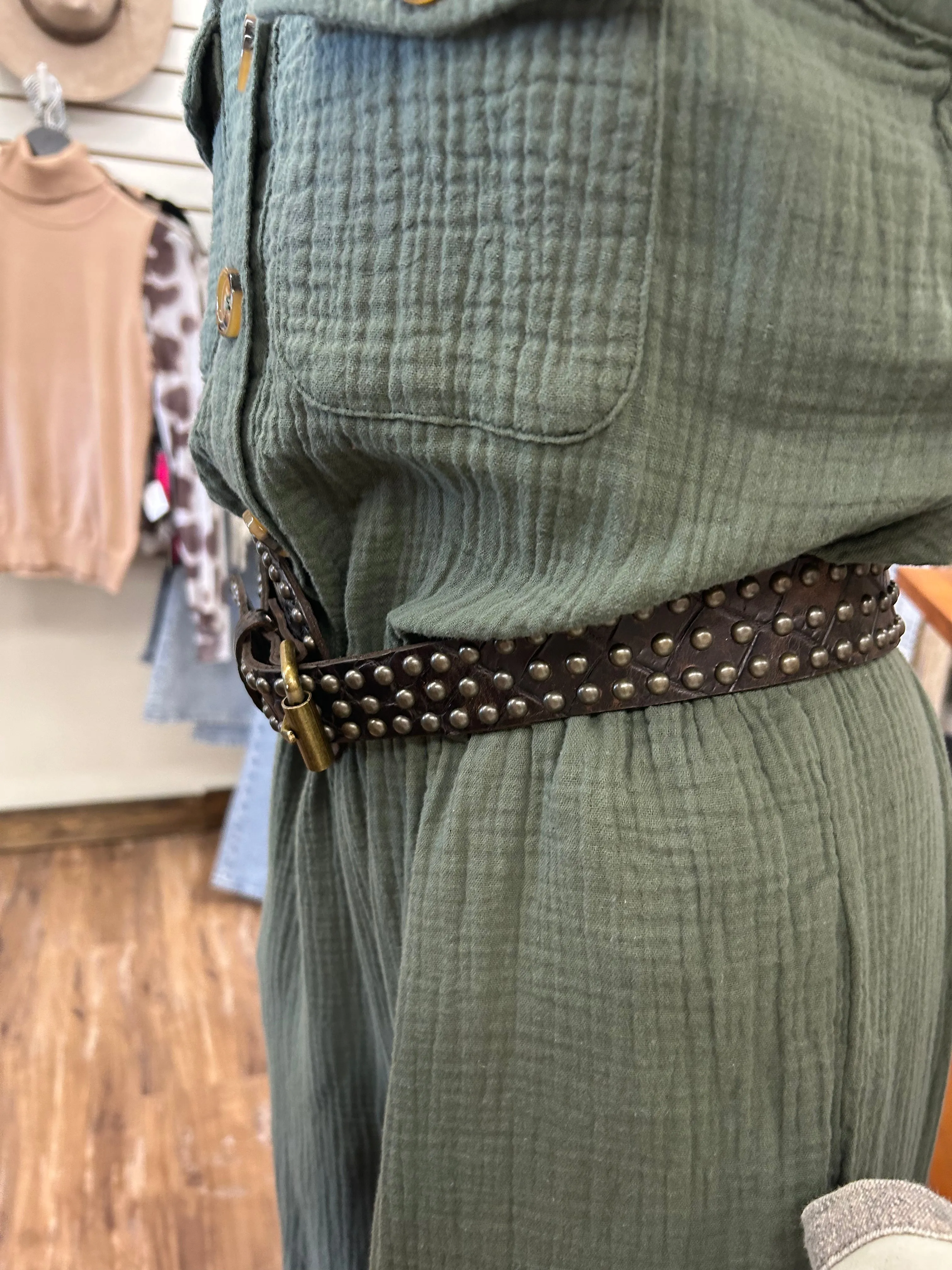 Croc Leather Belt with Antique Brass Studs