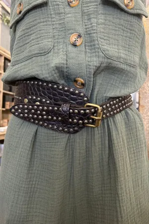 Croc Leather Belt with Antique Brass Studs