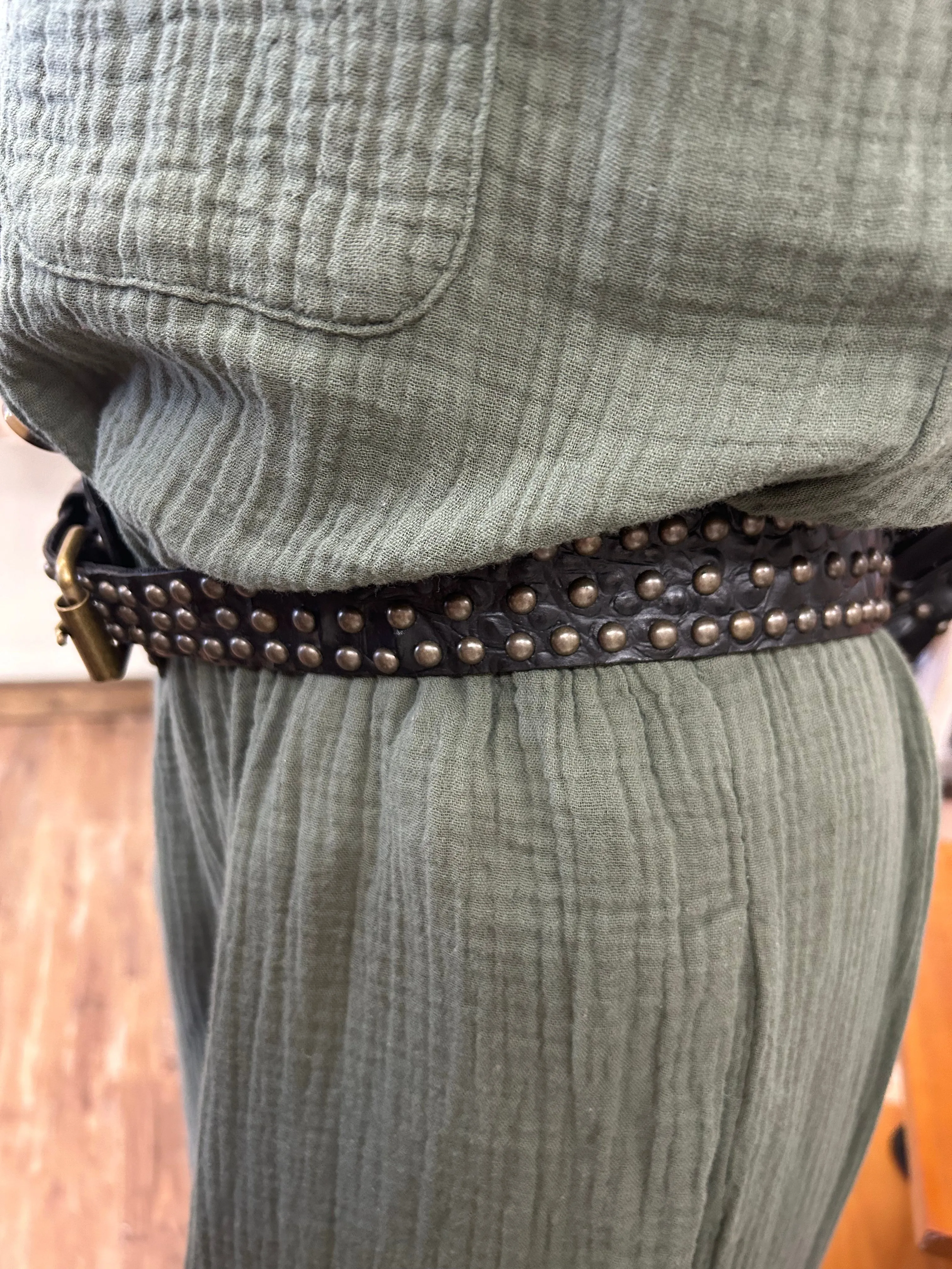 Croc Leather Belt with Antique Brass Studs