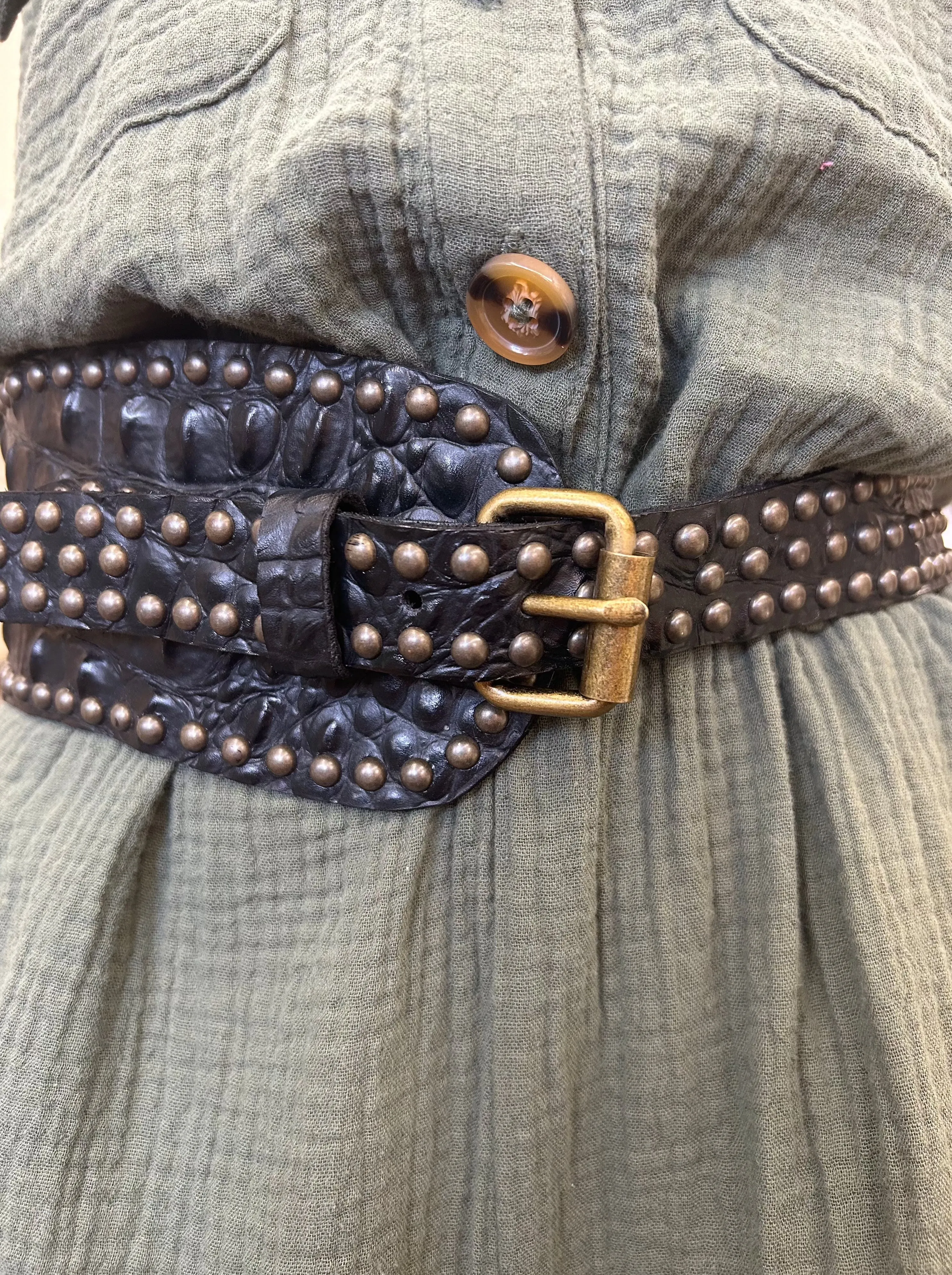 Croc Leather Belt with Antique Brass Studs