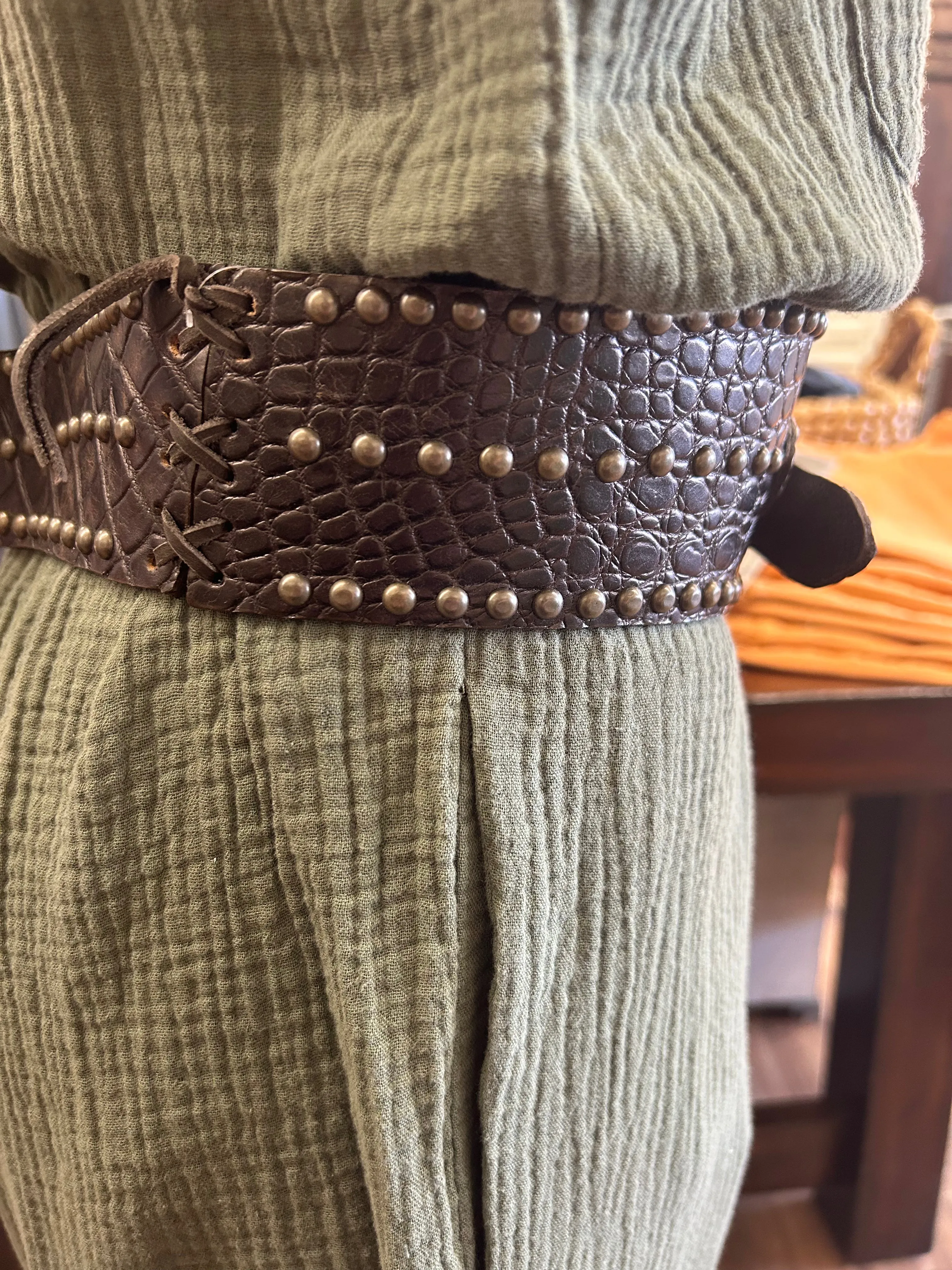 Croc Leather Belt with Antique Brass Studs