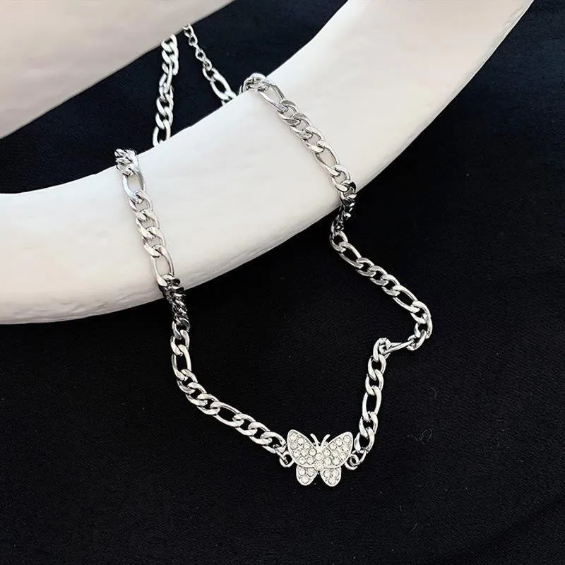 Cubic Zirconia Butterfly Chain Link Silver-Plated Necklace