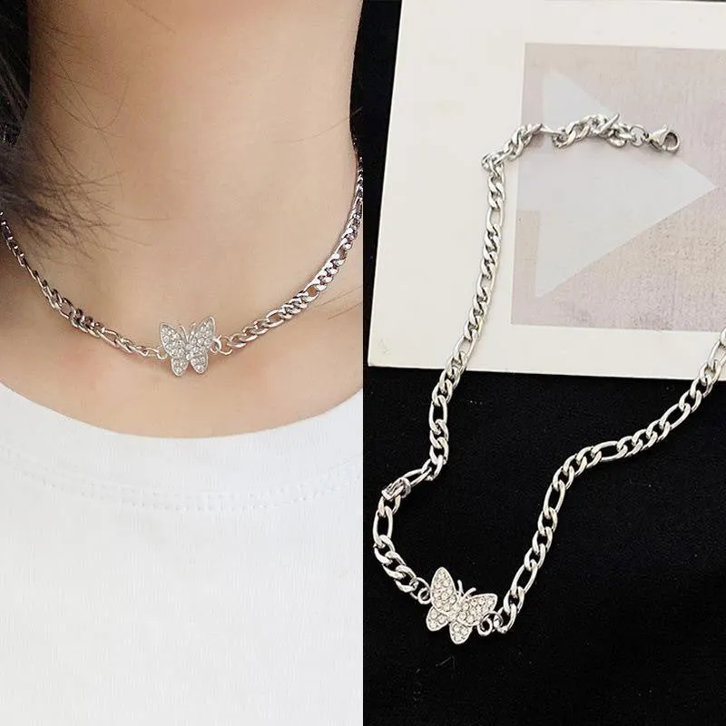 Cubic Zirconia Butterfly Chain Link Silver-Plated Necklace