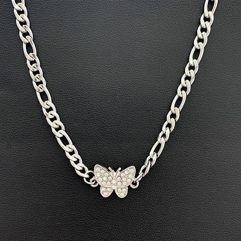 Cubic Zirconia Butterfly Chain Link Silver-Plated Necklace