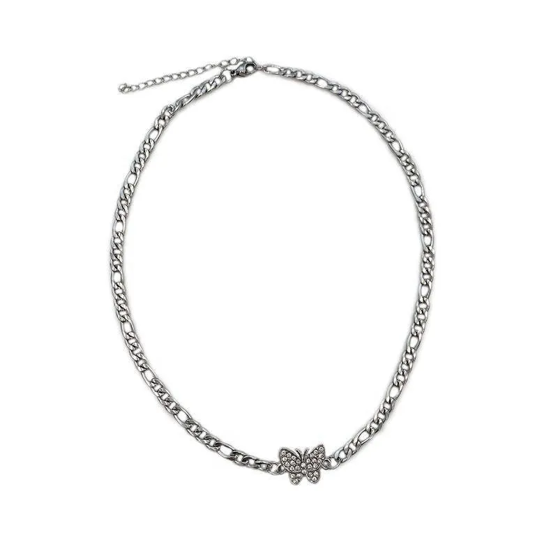 Cubic Zirconia Butterfly Chain Link Silver-Plated Necklace
