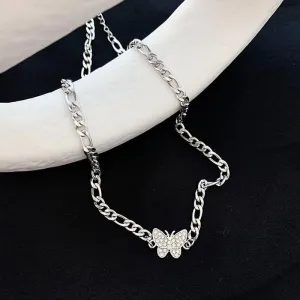 Cubic Zirconia Butterfly Chain Link Silver-Plated Necklace