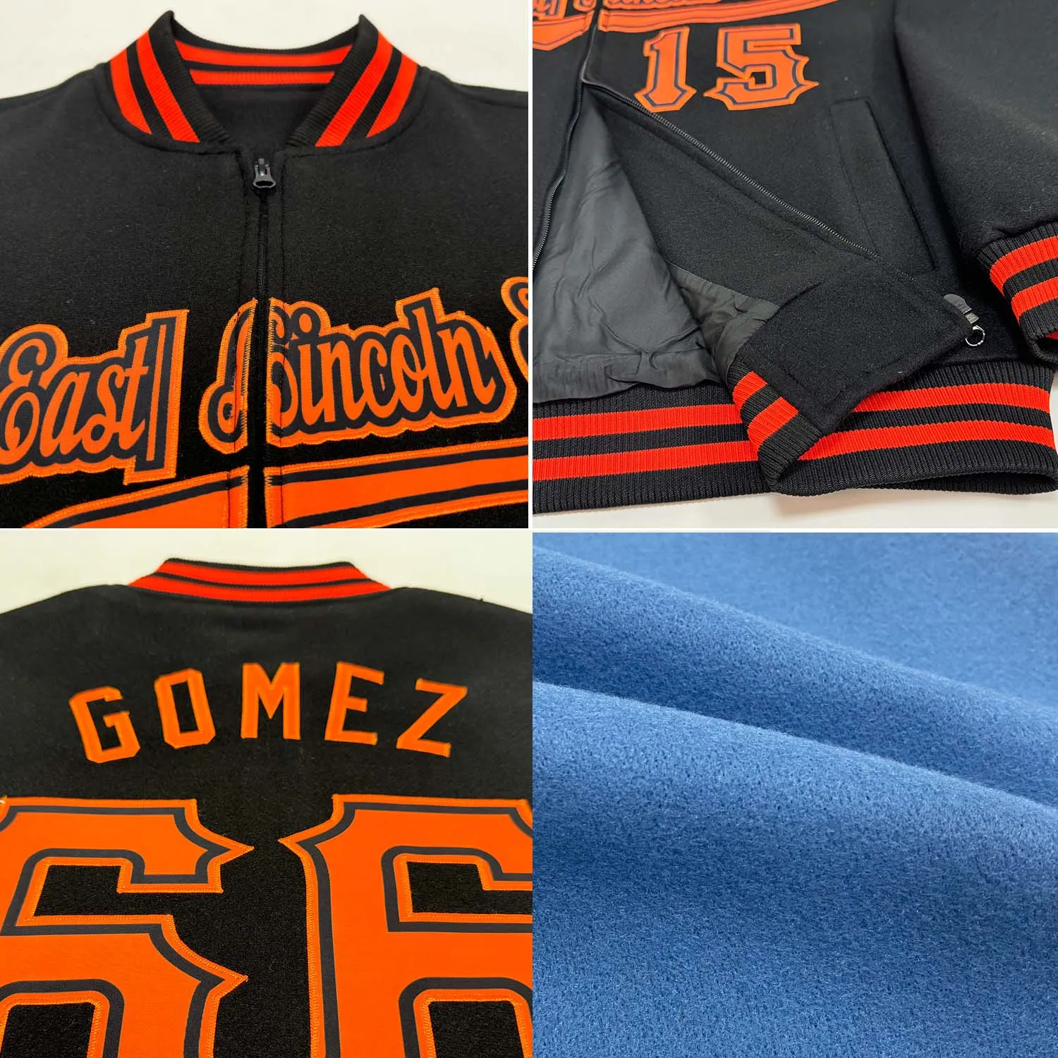 Custom Light Blue Navy-White Bomber Varsity Letterman Zipper Jacket