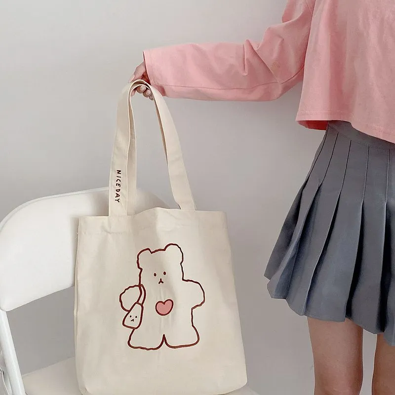 Cute Bear Embroidery Canvas Toe Bag