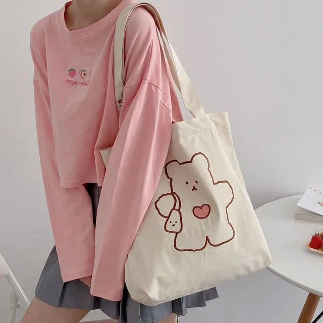 Cute Bear Embroidery Canvas Toe Bag
