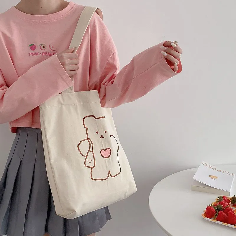 Cute Bear Embroidery Canvas Toe Bag