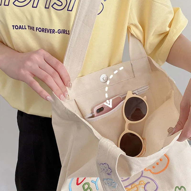 Cute Bear Embroidery Canvas Toe Bag