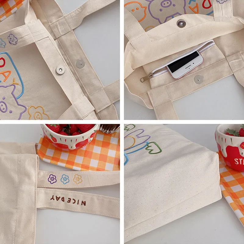 Cute Bear Embroidery Canvas Toe Bag