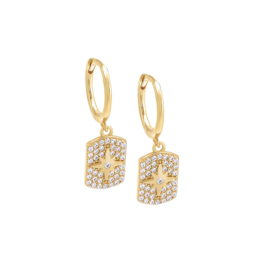 Dangling Pavé Starburst Dog Tag Huggie Earring