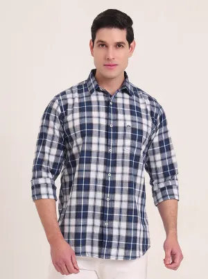 Dark Blue Checked Slim Fit Casual Shirt | JadeBlue