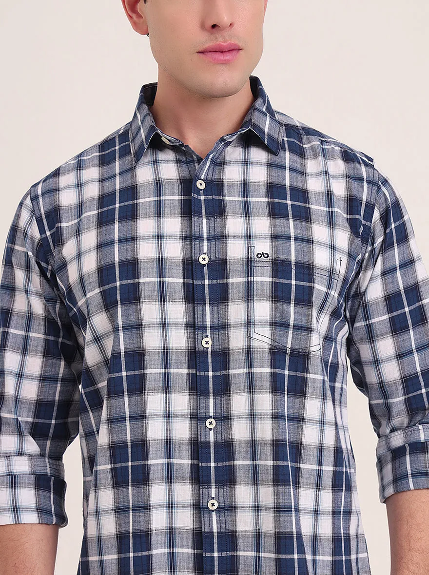 Dark Blue Checked Slim Fit Casual Shirt | JadeBlue