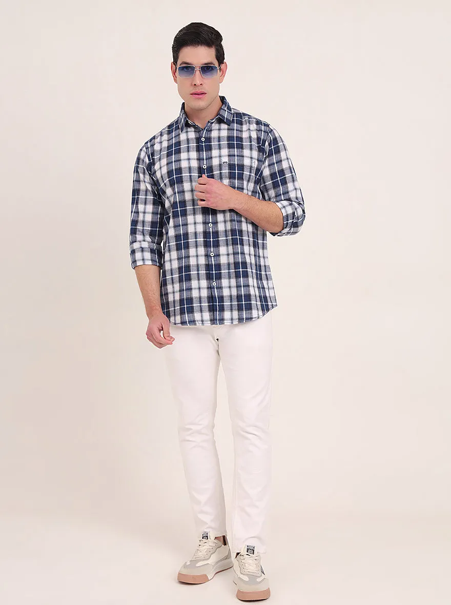 Dark Blue Checked Slim Fit Casual Shirt | JadeBlue