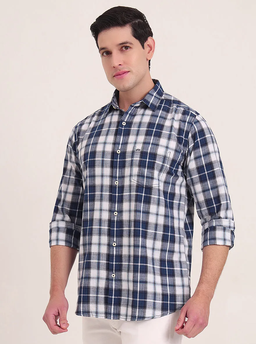 Dark Blue Checked Slim Fit Casual Shirt | JadeBlue
