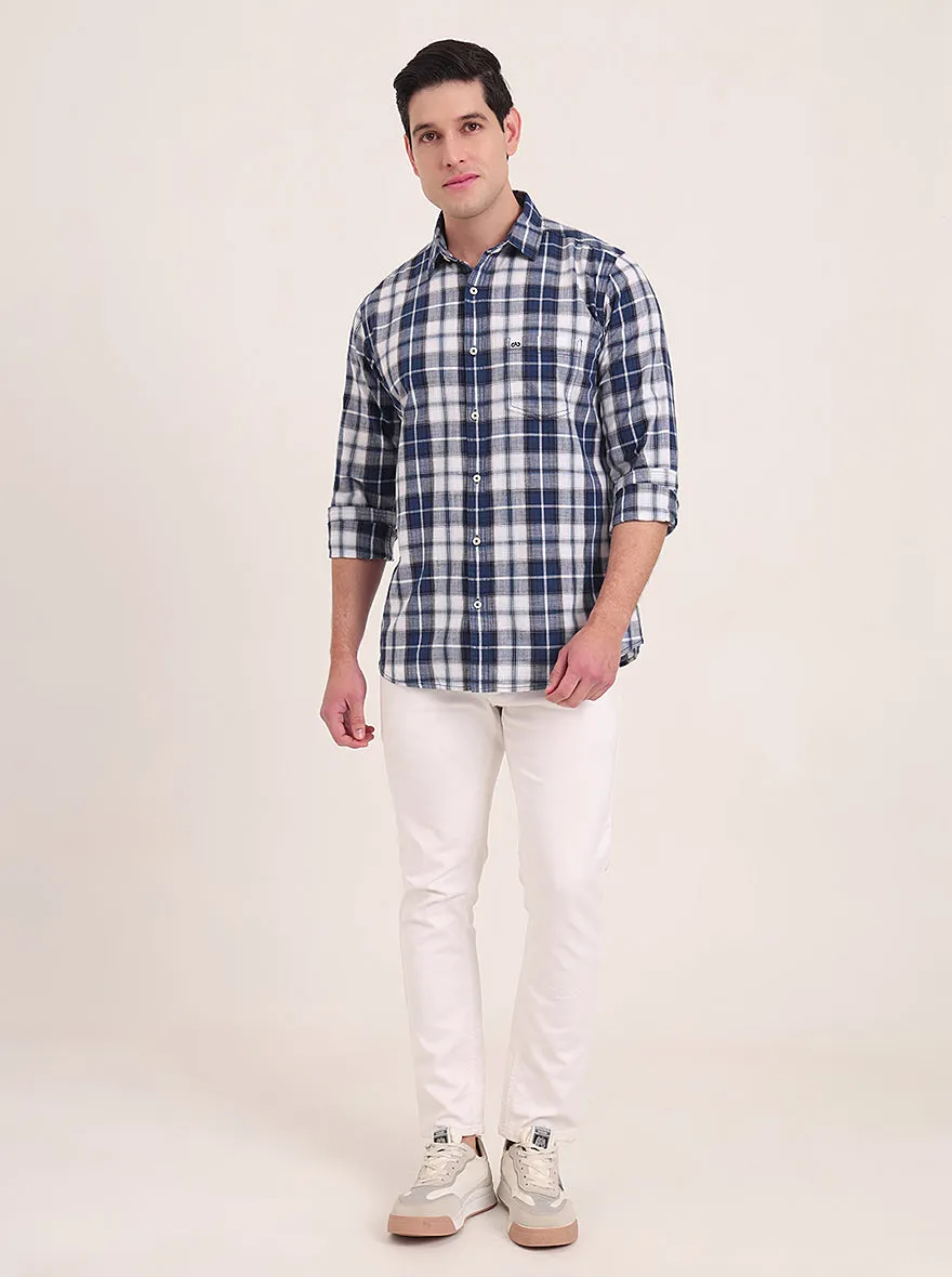 Dark Blue Checked Slim Fit Casual Shirt | JadeBlue