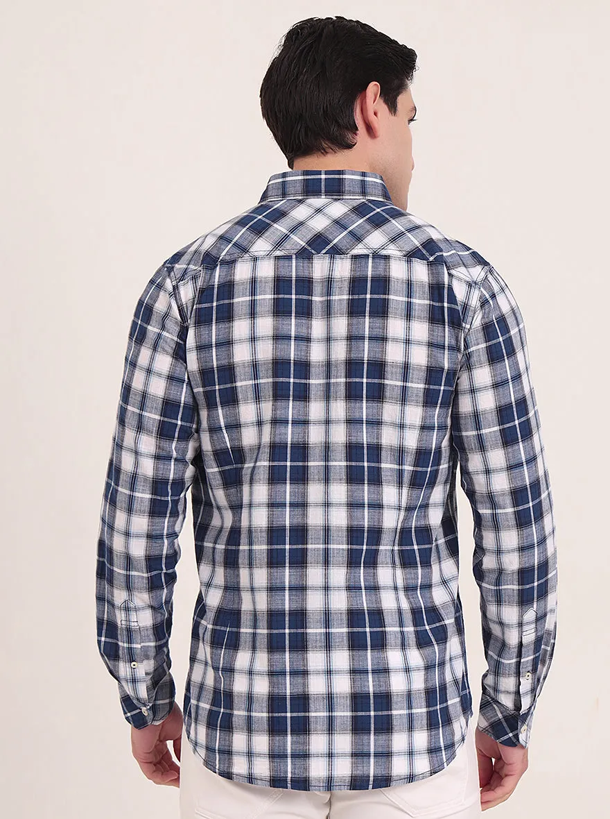 Dark Blue Checked Slim Fit Casual Shirt | JadeBlue