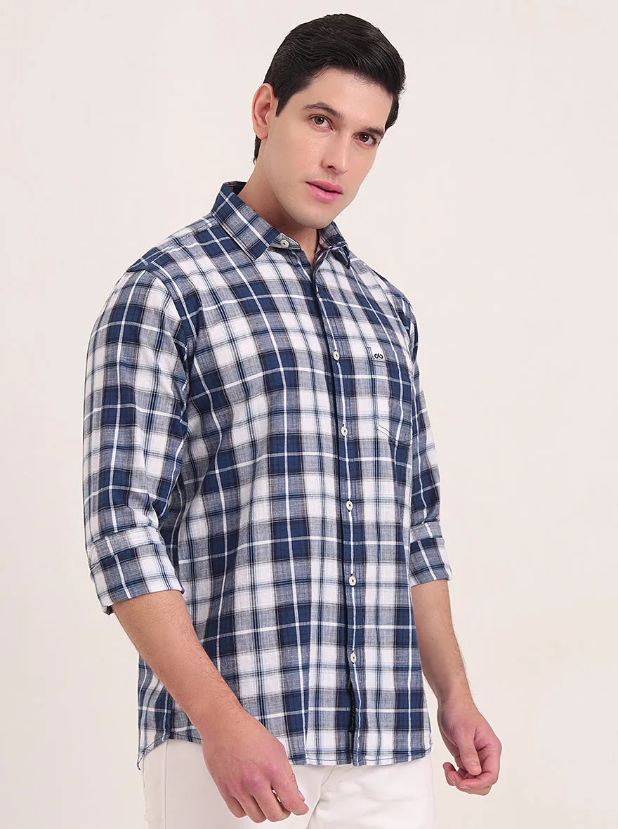 Dark Blue Checked Slim Fit Casual Shirt | JadeBlue