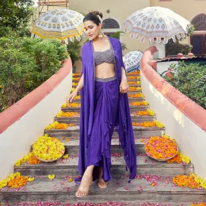 Deep Purple Draped Skirt and Embellished Blouse Set