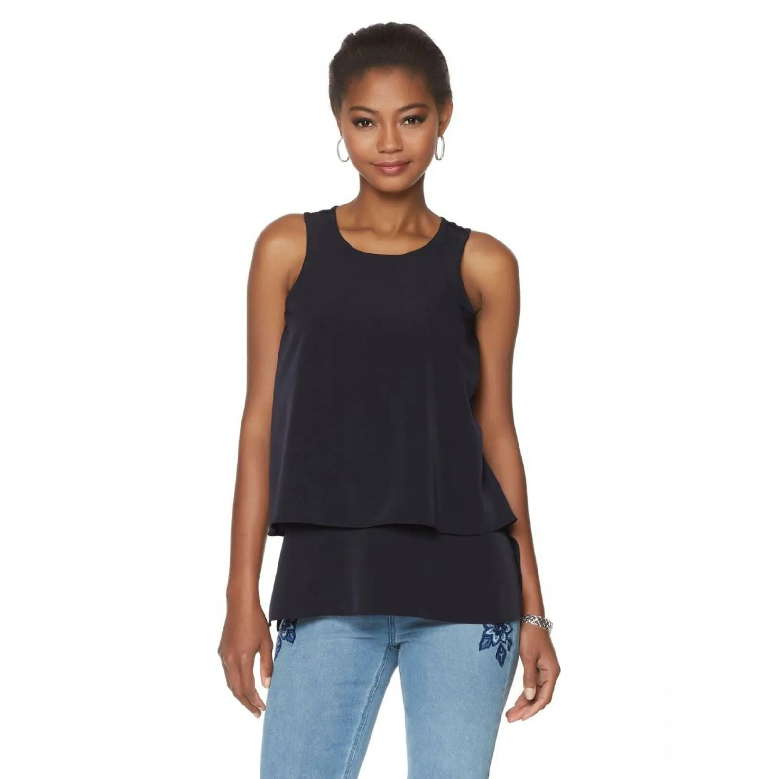 DG2 by Diane Gilman Women's Mixed Media Easy Tank Top Navy Plus 2X