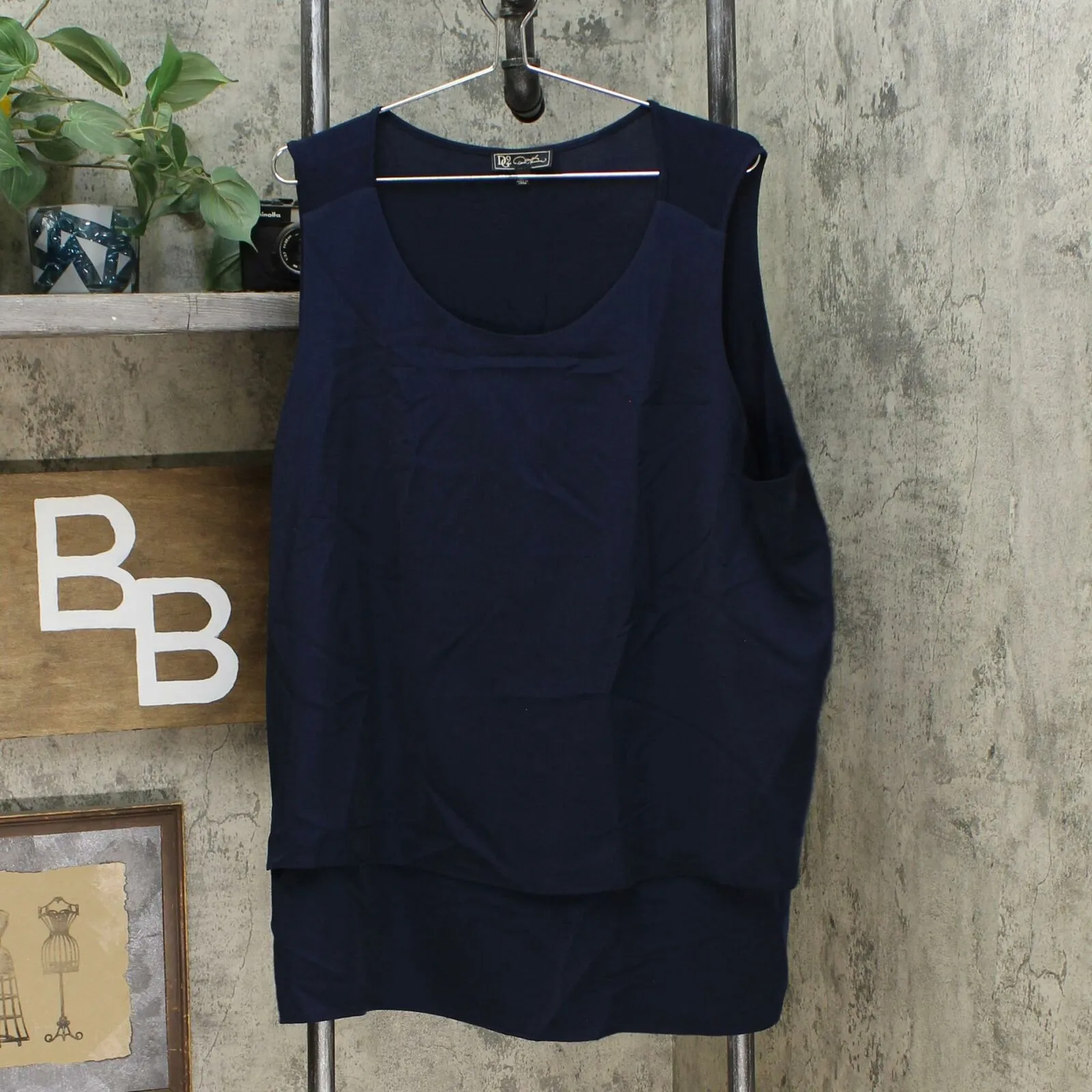 DG2 by Diane Gilman Women's Mixed Media Easy Tank Top Navy Plus 2X