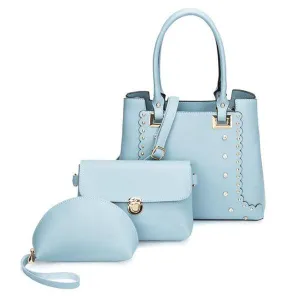 Dreubea 3 in 1 Women's Leather With Details HandBag Light Blue