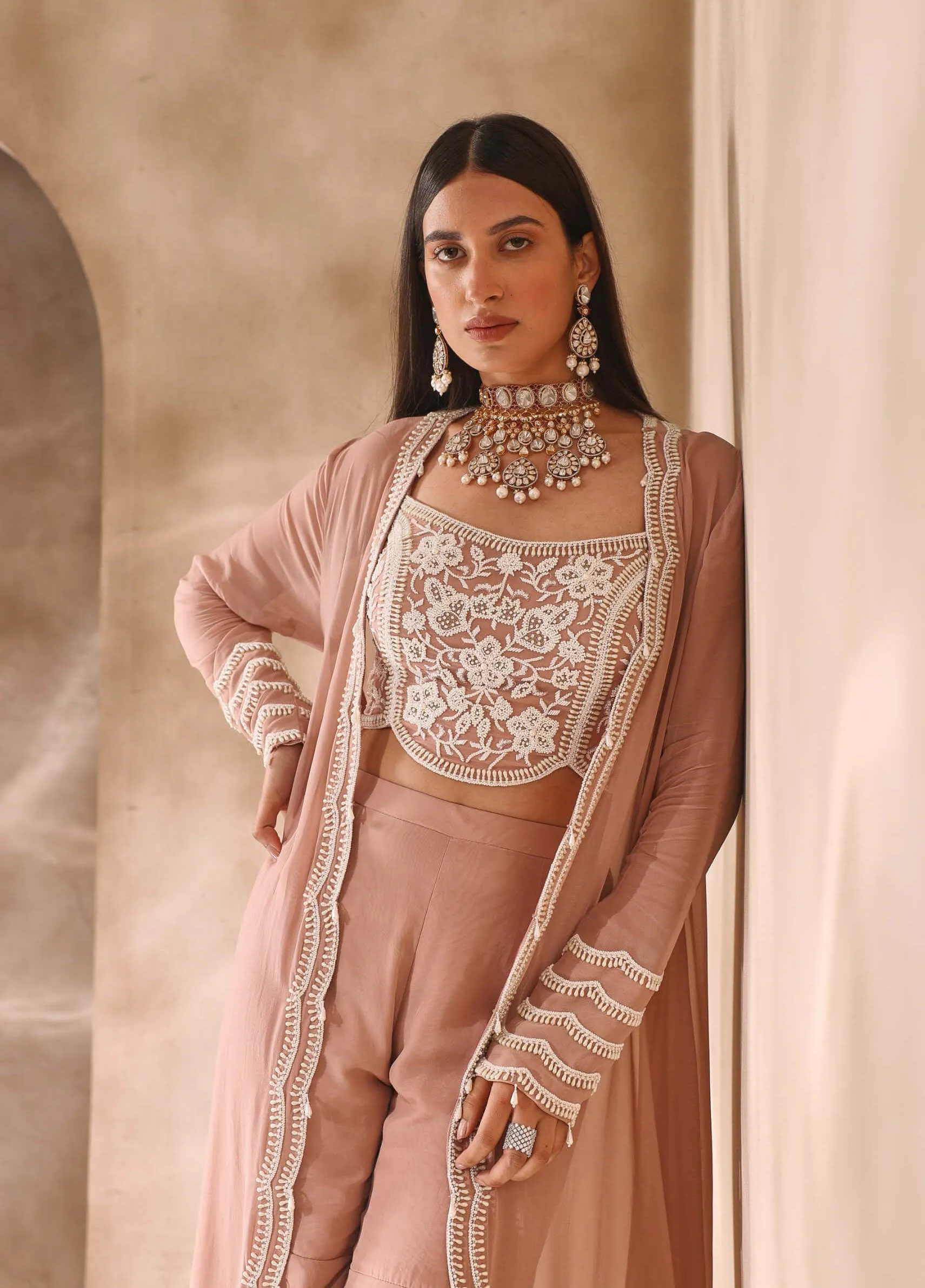 Dusty pink embellished jacket and gharara set