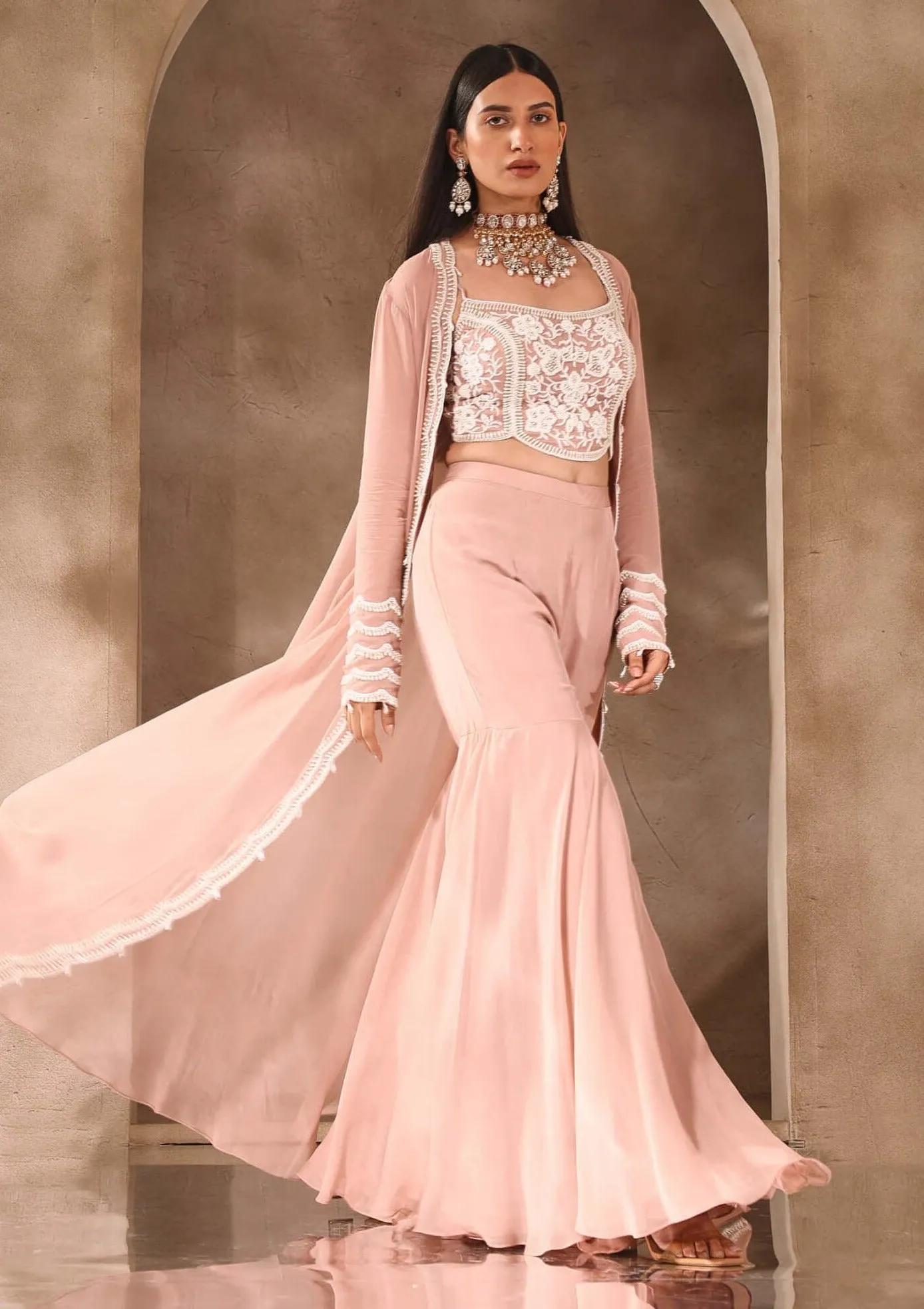 Dusty pink embellished jacket and gharara set