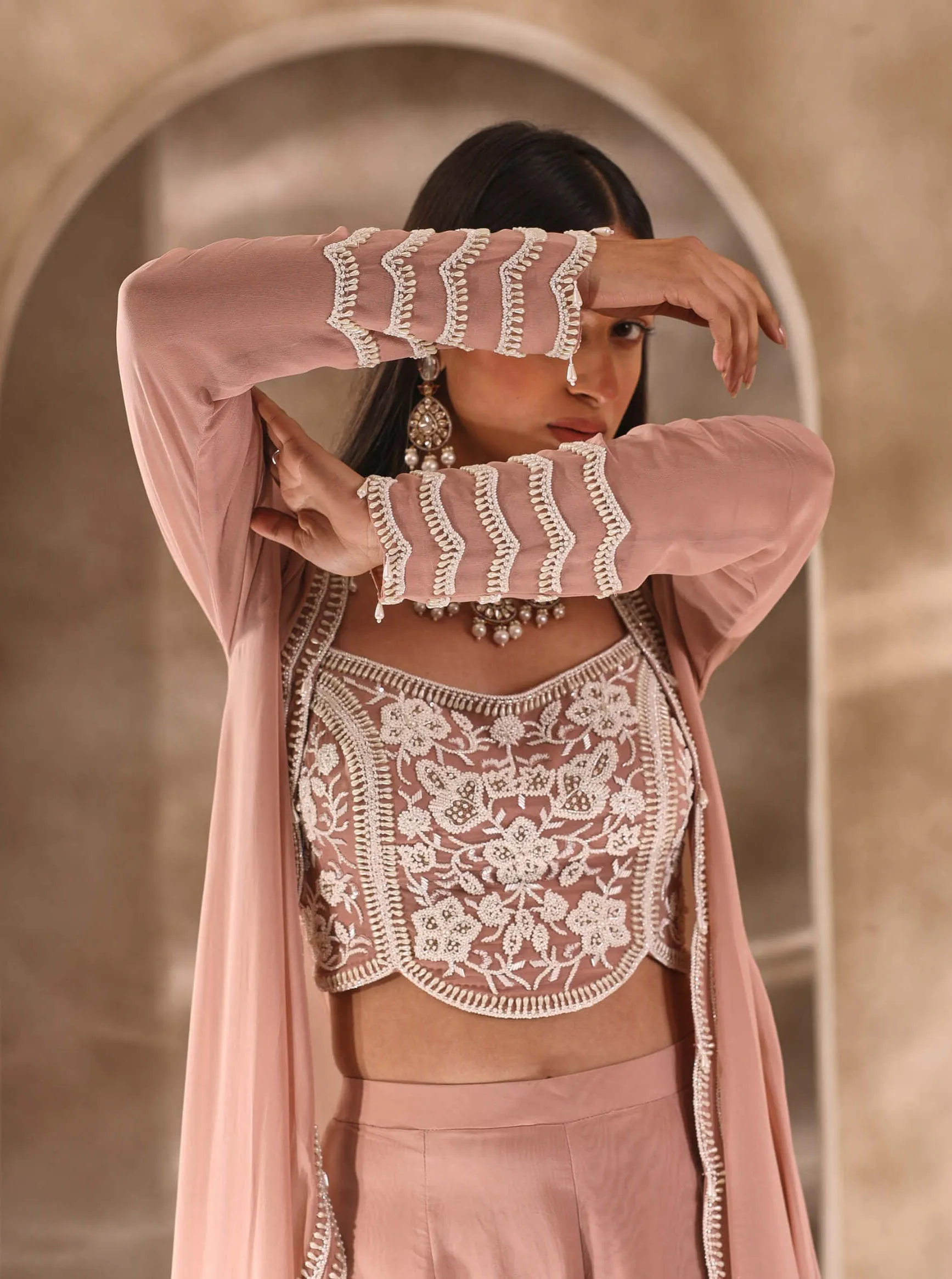 Dusty pink embellished jacket and gharara set