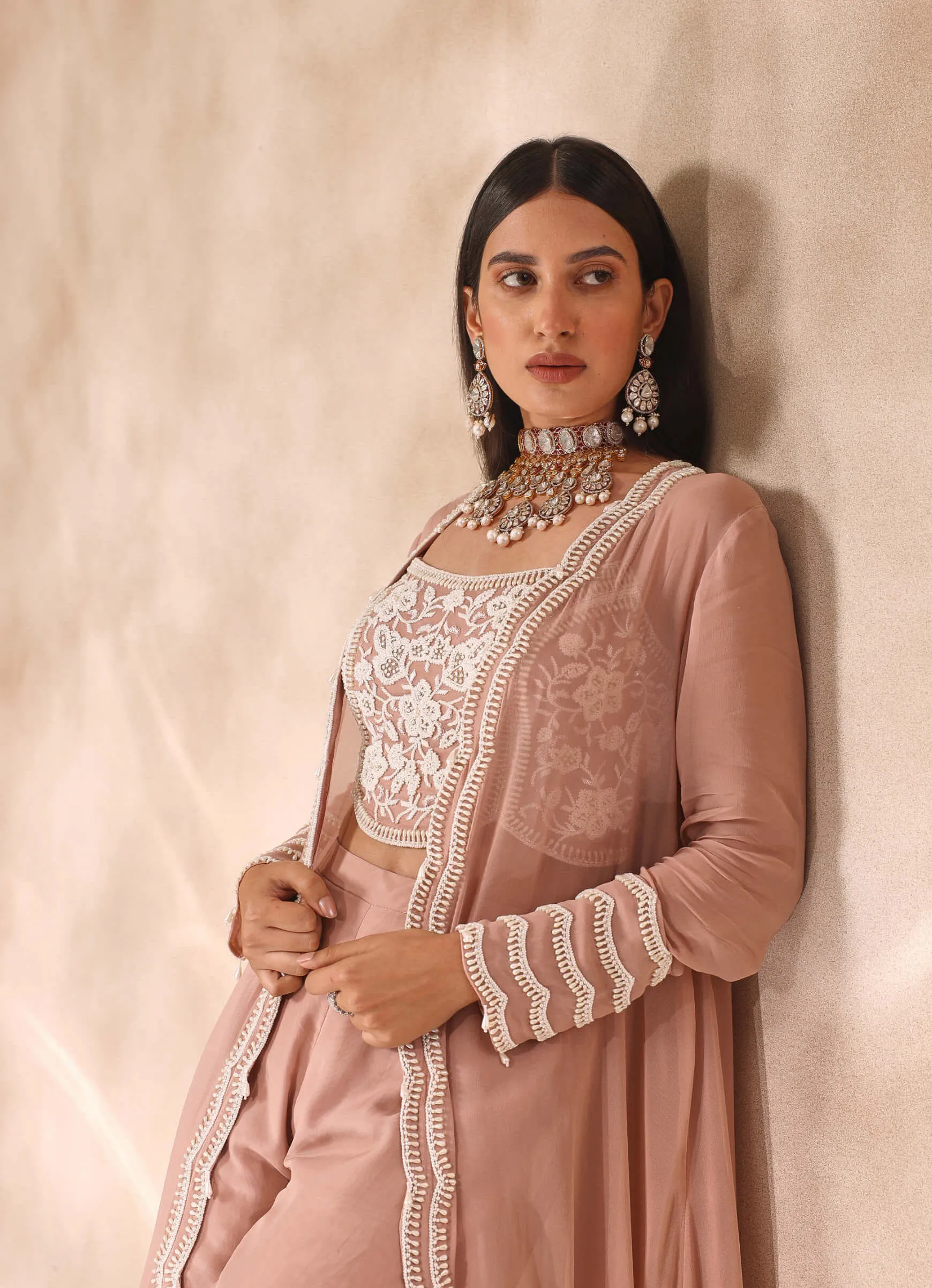 Dusty pink embellished jacket and gharara set