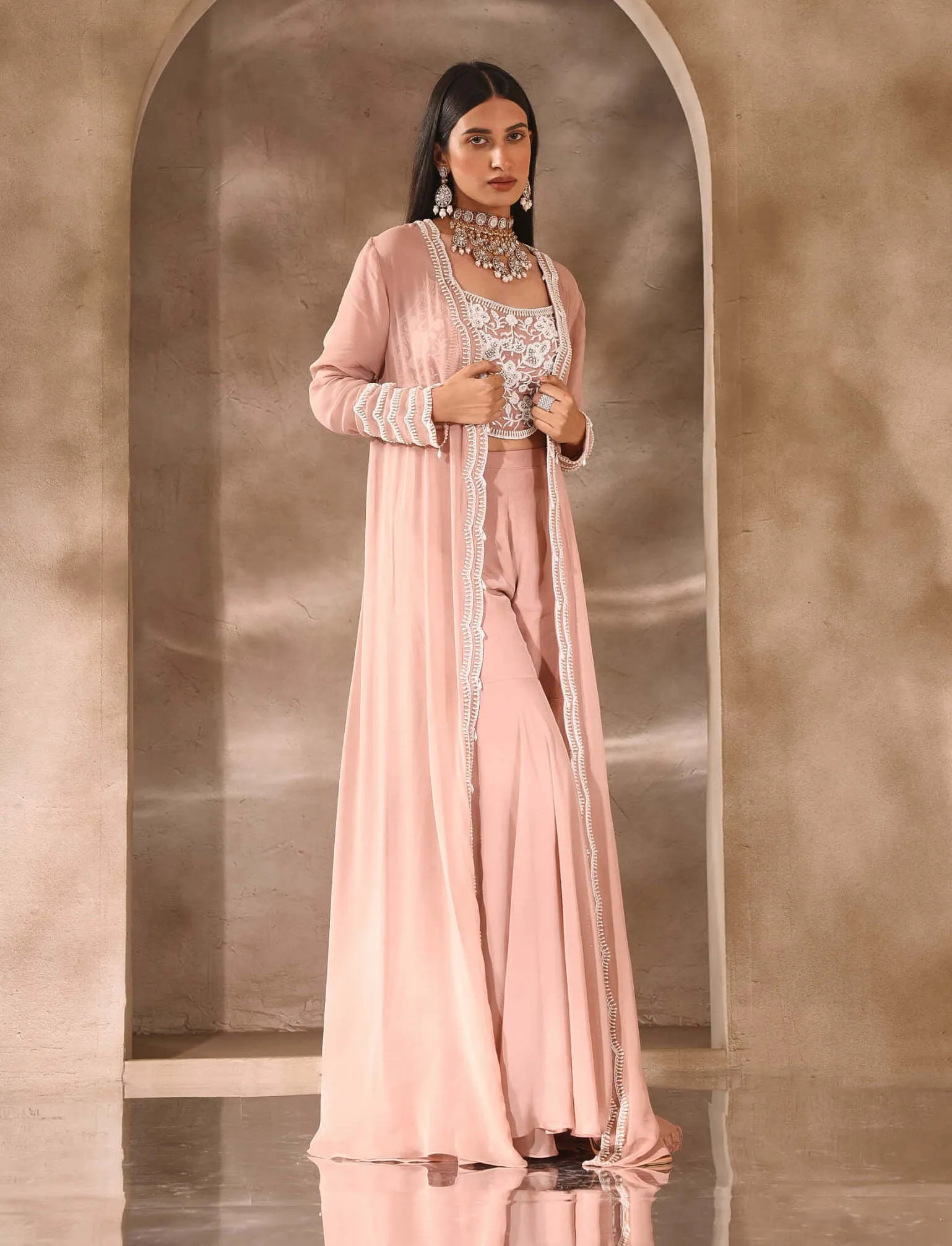 Dusty pink embellished jacket and gharara set