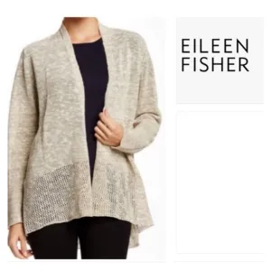 EILEEN FISHER Melange Organic Linen Blend Grain Open Front Cardigan Size M