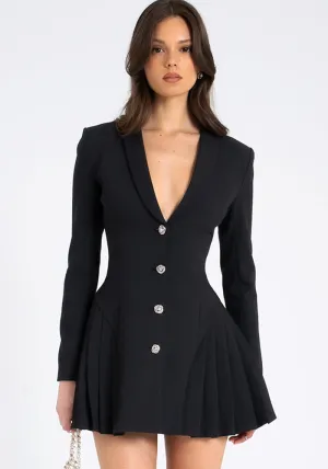 Elegant Deep V-Neck Blazer Dress with Pleated Skirt and Crystal Buttons