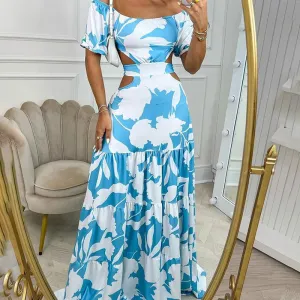 Elegant Floral Printed Lace-up Dress