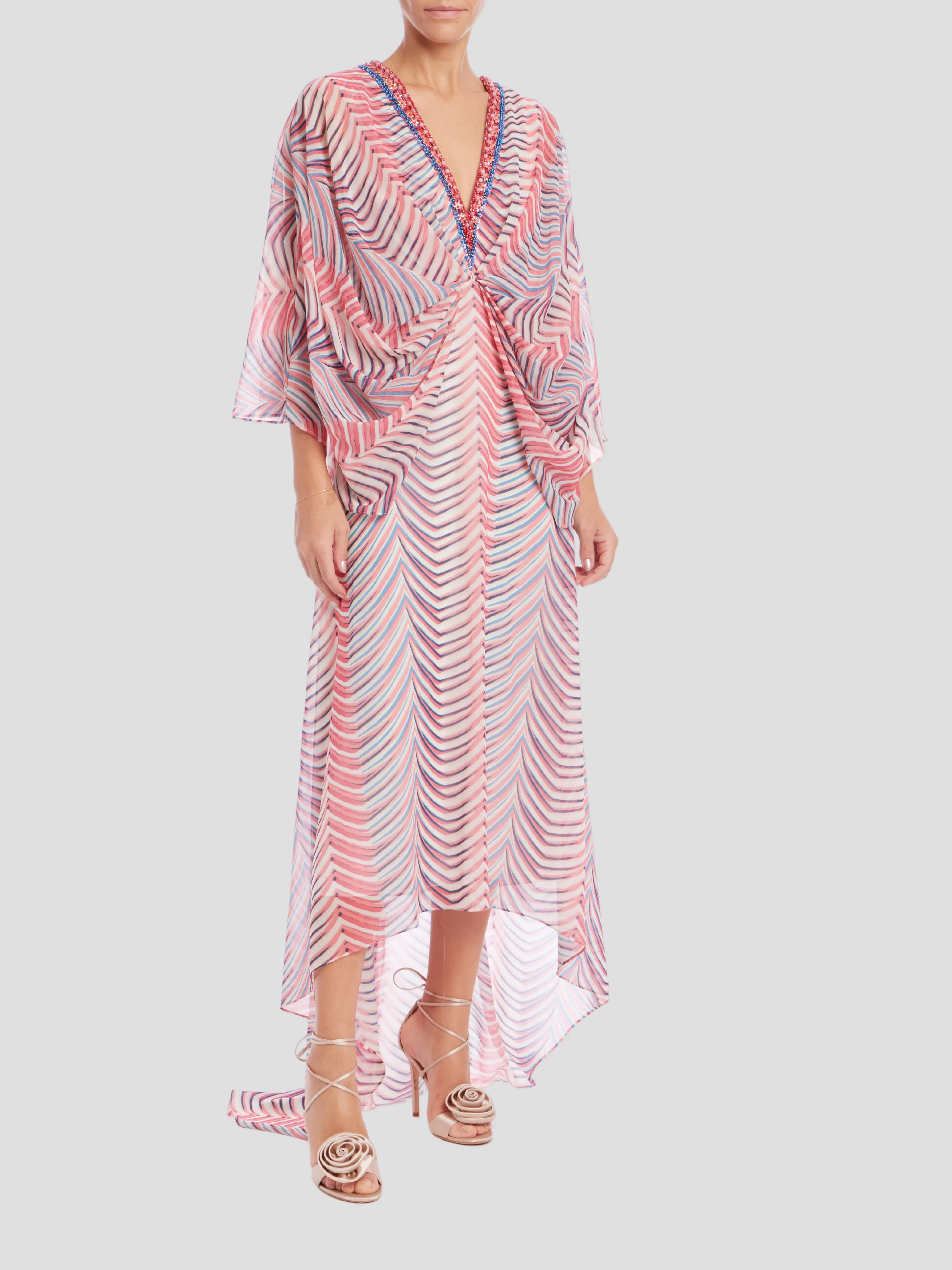 Embellished Neck Print Dolman Dress